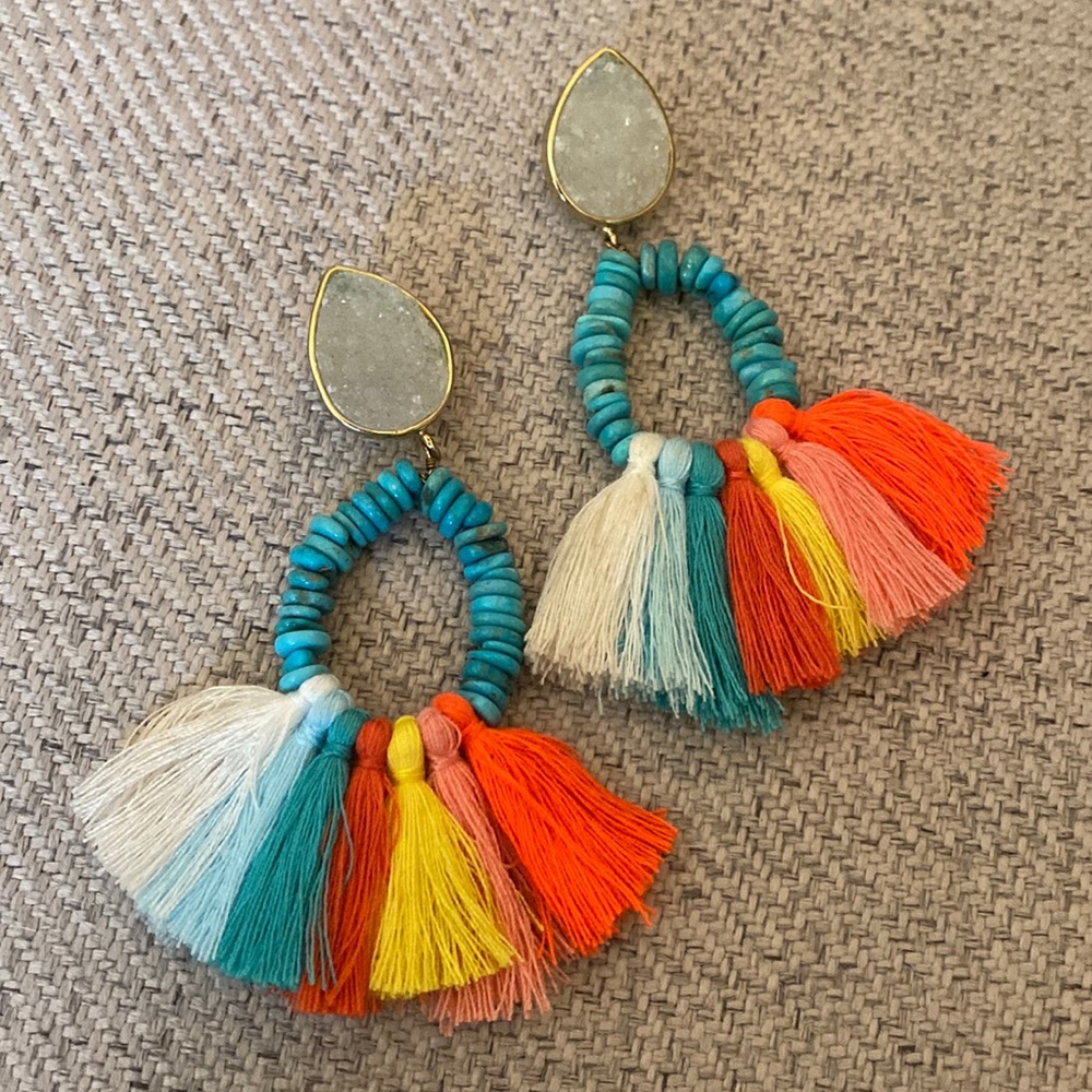 Turquoise tassel statement earrings